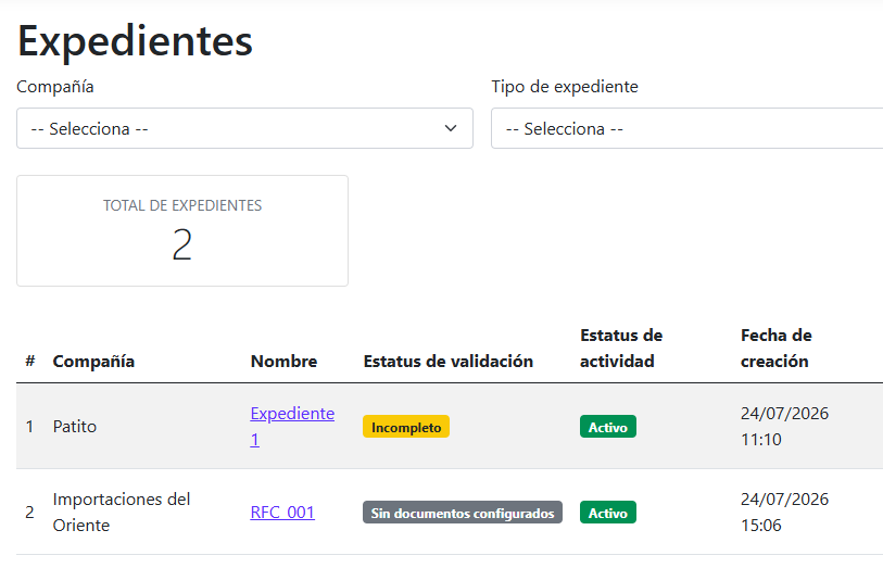 Vista del expediente en la plataforma